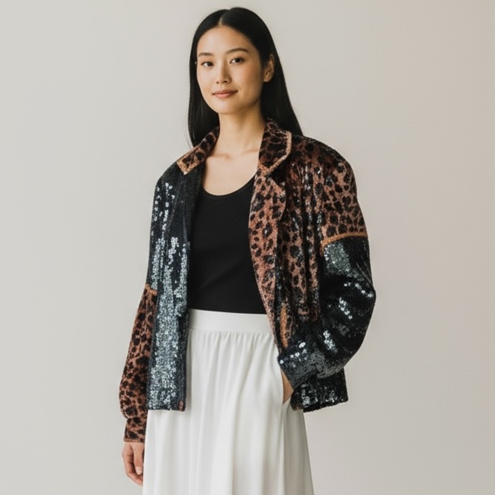 🌻Vintage MODI Exotic Leopard Jeweled Beaded Silk Jacket Circa 1980s Size Medium - Picture 5 of 12